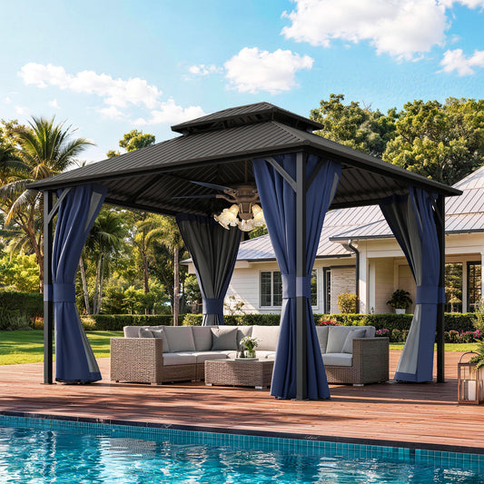 Amopatio 10x12FT Hardtop Gazebo, Metal Galvanized Steel Double Roof, Blue