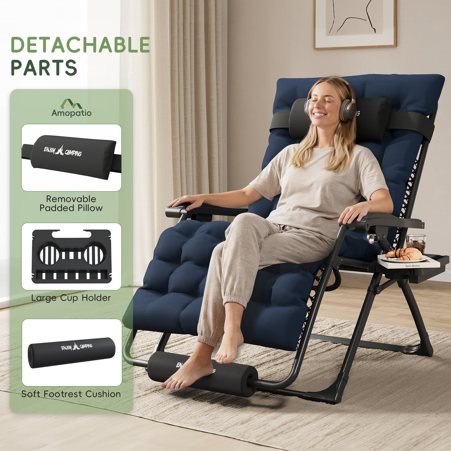 Amopatio Oversized Zero Gravity Chair, 33''W Reclining Camping Lounge Chair Upgraded Lock and Footrest, Folding Patio Recliner with Cup Holder, Removable Cushion & Headrest
