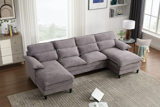 Gelloan 110.63" U Shaped Couch, 4 Seat Sectional with 4 Throw Pillows, High Dense Memory Foam with Double Chaise Lounge &Living Room Couch,Grey