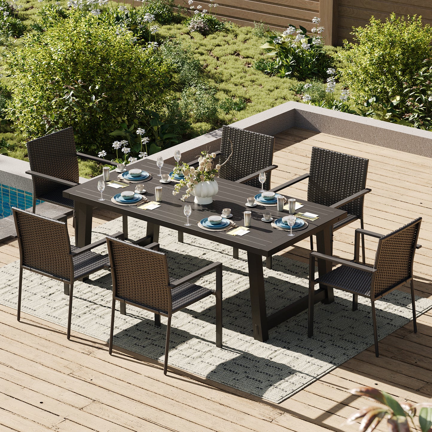 Amopatio Stackable Wicker Chairs, Patio Dining Chairs Set of 6, All-Weather Breathable Outdoor Dining Chair, Steel Frame, Armchair w/Armrests, for Garden, Porch, Deck, Poolside, Fire Pit, Black