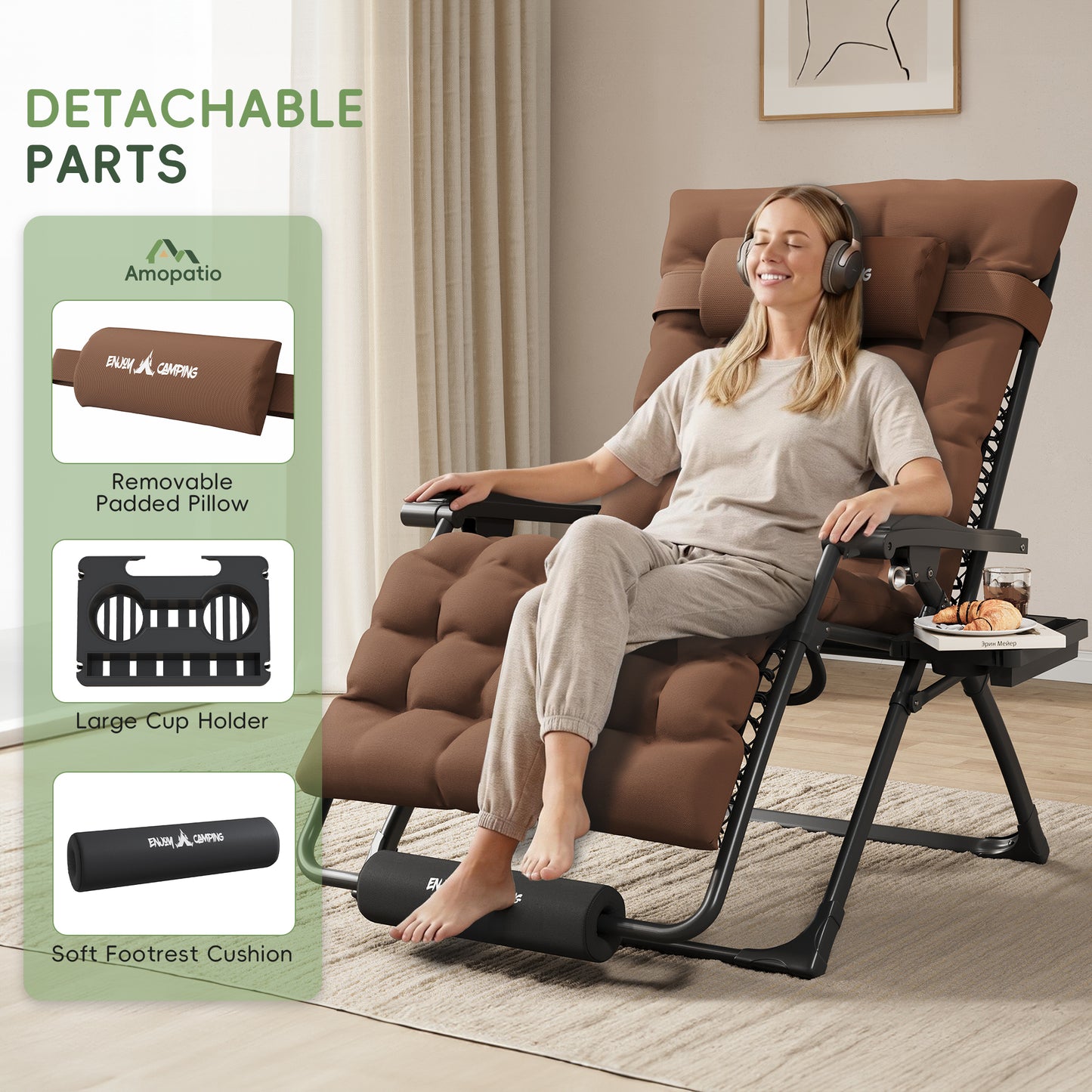 Amopatio Oversized Zero Gravity Chair Set of 2, 33''W Reclining Camping Lounge Chair Upgraded Lock and Footrest, Cup Holder, Removable Cushion & Headrest Folding Patio Recliner for Relexing