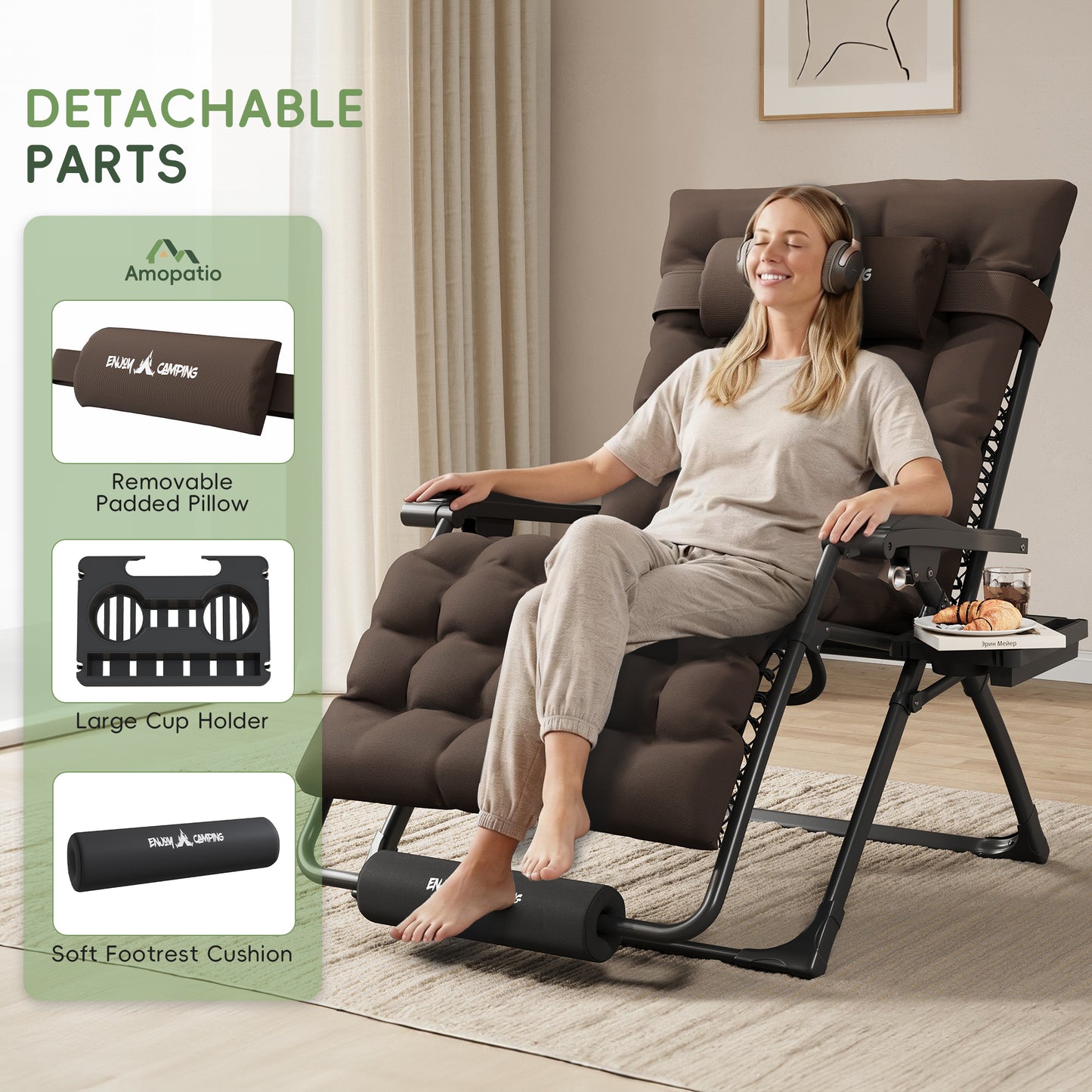 Amopatio Oversized Zero Gravity Chair, 29''W Reclining Camping Lounge Chair Upgraded Lock and Footrest, Folding Patio Recliner with Cup Holder, Removable Cushion & Headrest