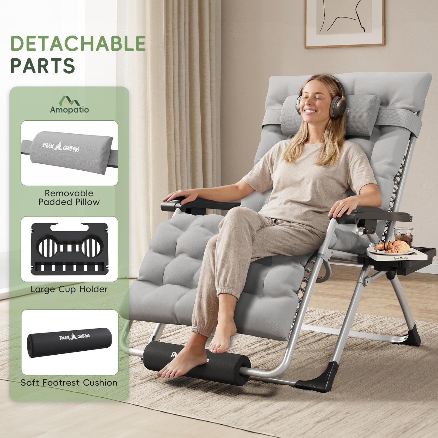 Amopatio Oversized Zero Gravity Chair, 29in Reclining Camping Lounge Chair Upgraded Lock and Footrest, Cup Holder, Removable Cushion & Headrest Folding Patio Recliner for Indoor Outdoor