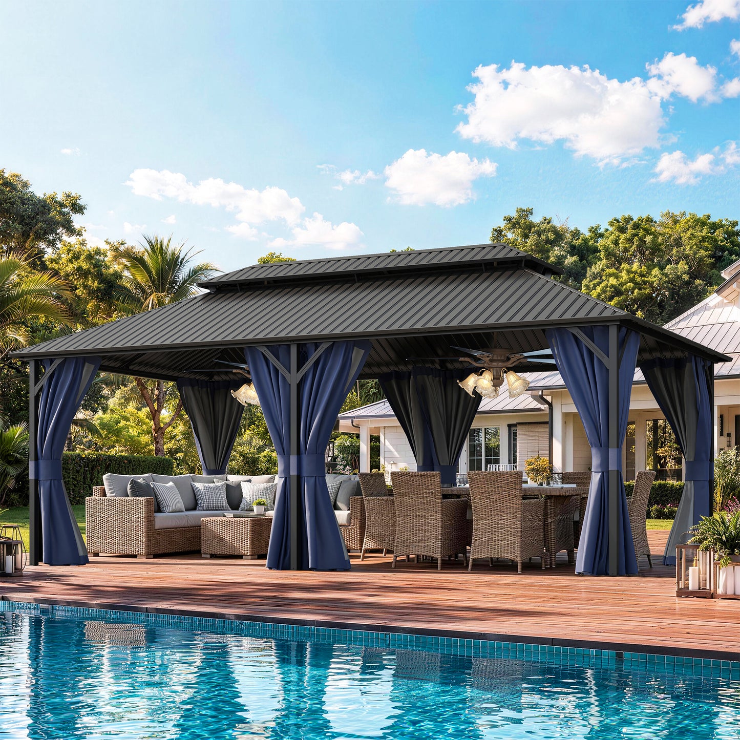 Amopatio 12x20FT Hardtop Gazebo, Metal Galvanized Steel Double Roof, Blue