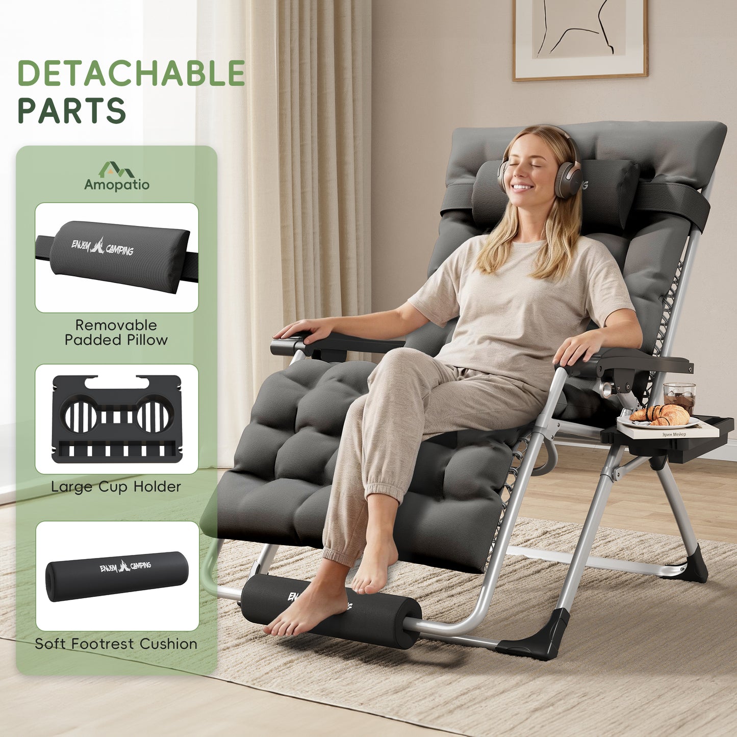 Amopatio Oversized Zero Gravity Chair Set of 2, Reclining Camping Lounge Chair Upgraded Lock and Footrest, Cup Holder, Removable Cushion & Headrest Folding Patio Recliner for Indoor Outdoor