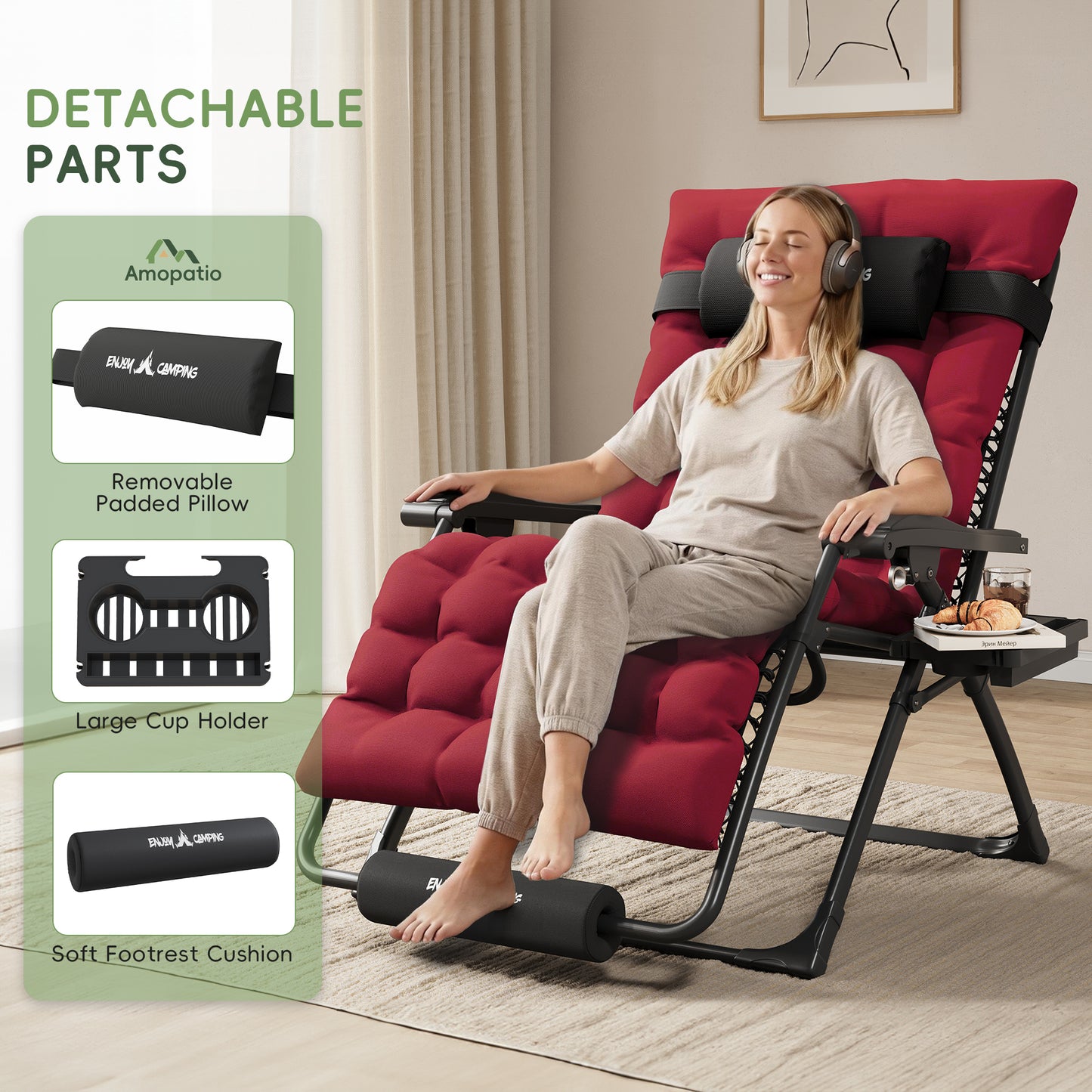 Amopatio Oversized Zero Gravity Chair Set of 2, 29''W Reclining Camping Lounge Chair Upgraded Lock and Footrest, Cup Holder, Removable Cushion & Headrest Folding Patio Recliner