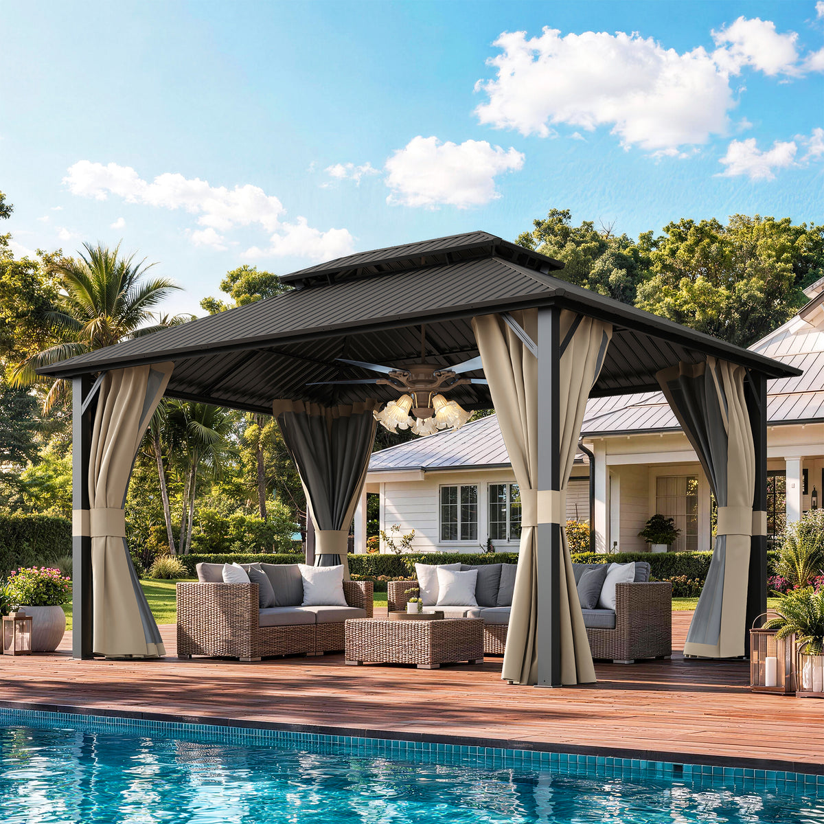 Amopatio 12x16FT Hardtop Gazebo, Metal Galvanized Steel Double Roof