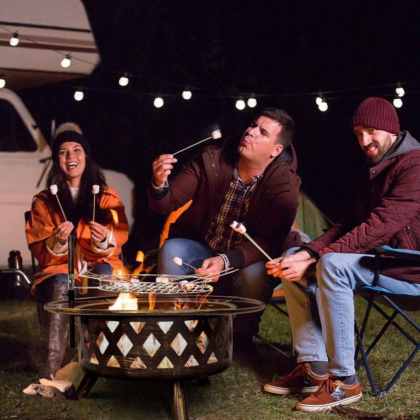 Amopatio Outdoor Fire Pit with Lid, 30 Inch Large Outdoor Wood Burning Fire Pits, Patio Backyard Firepit with Steel BBQ Grill Cooking Grate, Spark Screen & Poker for Garden, Bonfire, Camping, Picnic