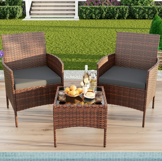 ELPOSUN 3 Piece Patio Conversation Bistro Set Outdoor Furniture Set, Porch Balcony Furniture Set,Wicker Chairs and Coffee Table Set for Patio Balcony Backyard Apartment, Grey