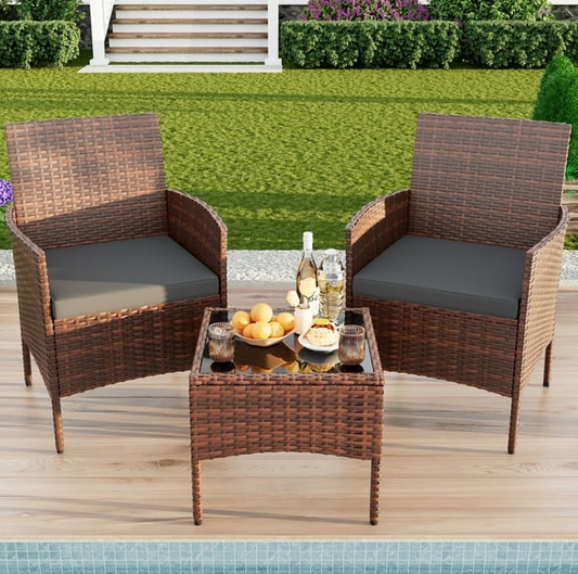 ELPOSUN 3 Piece Patio Conversation Bistro Set Outdoor Furniture Set, Porch Balcony Furniture Set,Wicker Chairs and Coffee Table Set for Patio Balcony Backyard Apartment, Grey