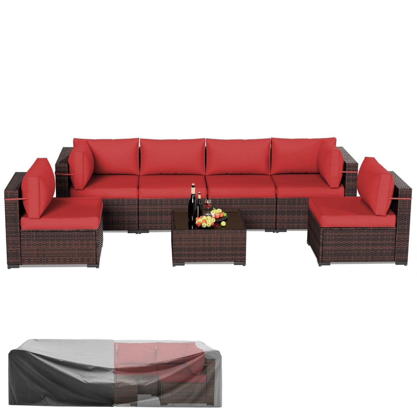 Amopatio Patio Furniture Set Modular Outdoor Sectional 7 Piece Wicker Patio Set, Multiple Combinations Outdoor Sofa w/Coffee Table, Waterproof Cover Included, Burgundy
