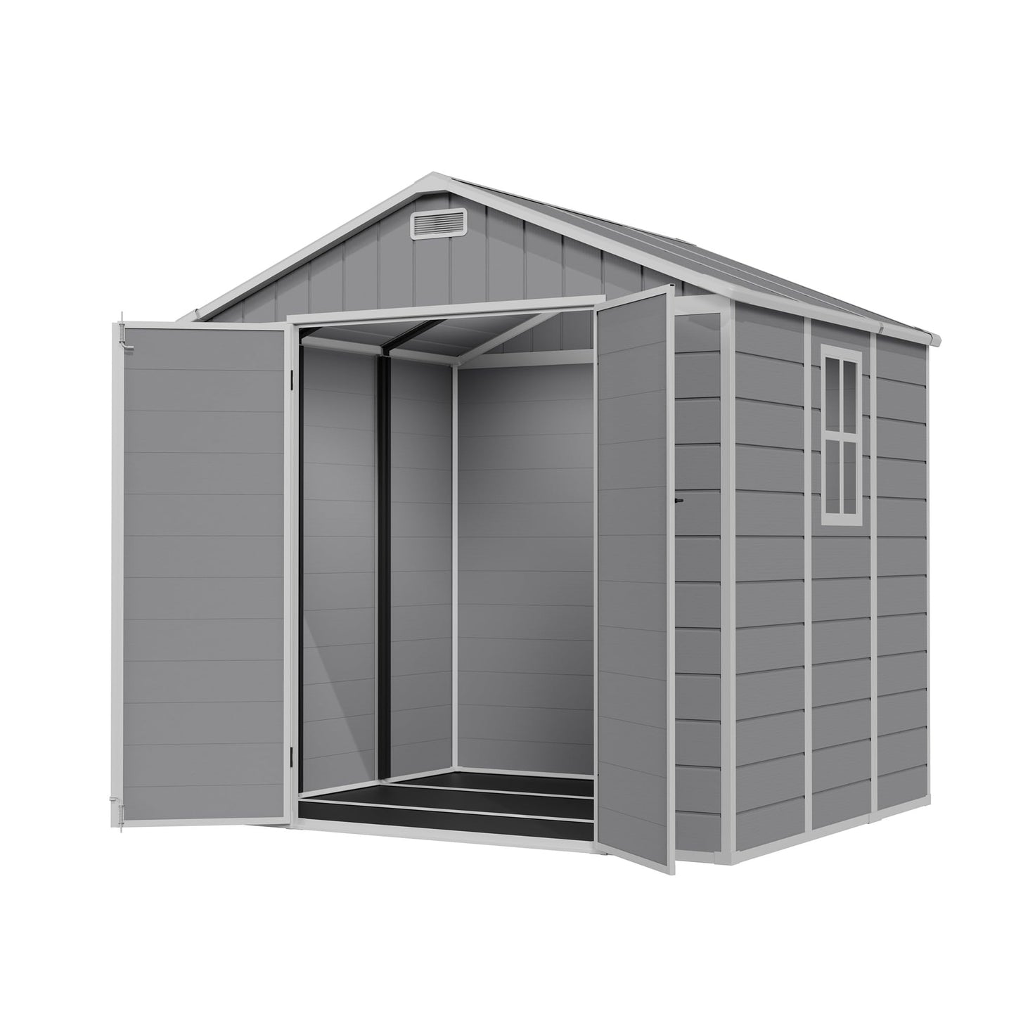 Amopatio 8x6 FT Resin Shed, Outdoor Storage Shed with Floor Included, Plastic Sheds for Bike, Garden Tools, Sheds & Outdoor Storage with Lockable Door, Window & Vents, Grey & White