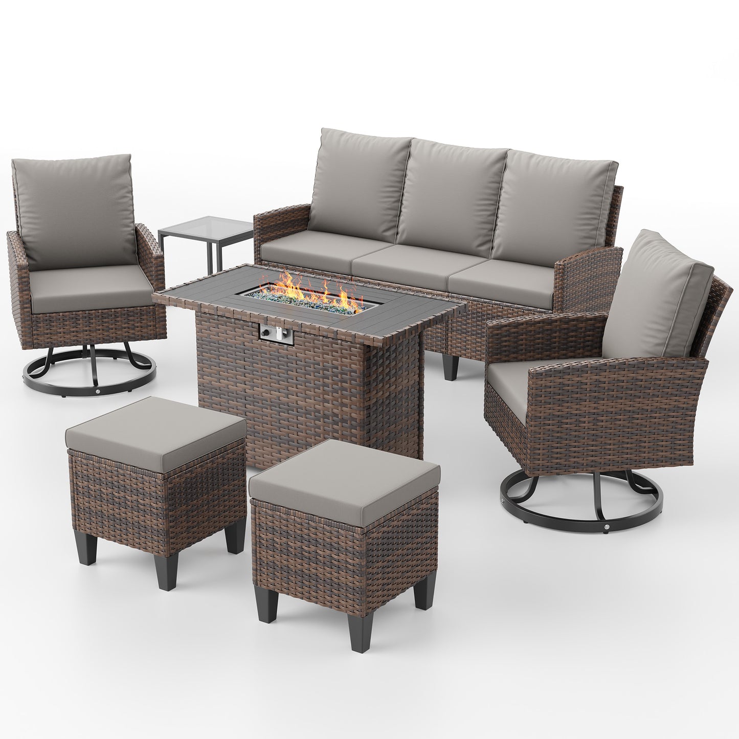 Patio Furniture Set with Fire Pit Table,7 Pieces Conversation Sofa with 360°Swivel Chairs, All Weather Wicker Outdoor Furniture Couch for Backyard Garden Pool Deck,Grey