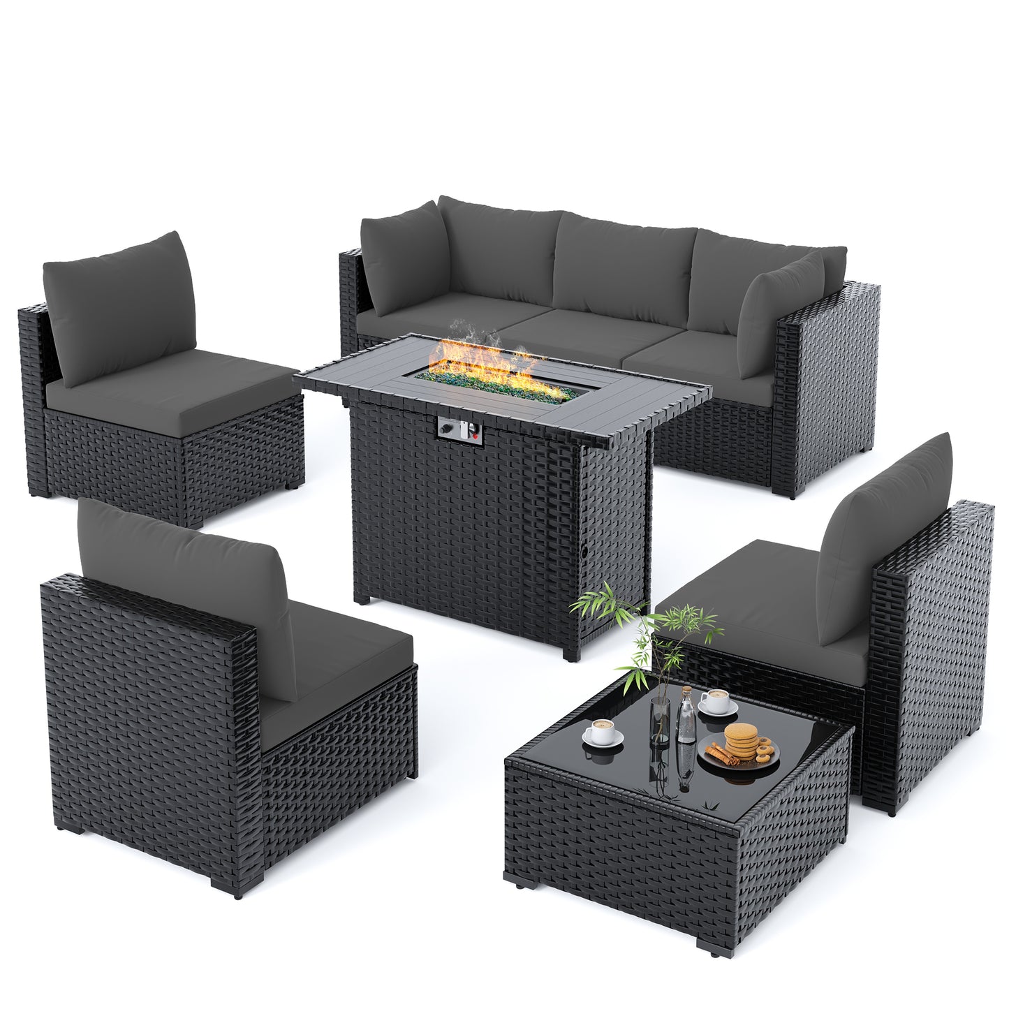 Amopatio 8 Pieces Patio Furniture Set with Fire Pit Table, Black/Grey