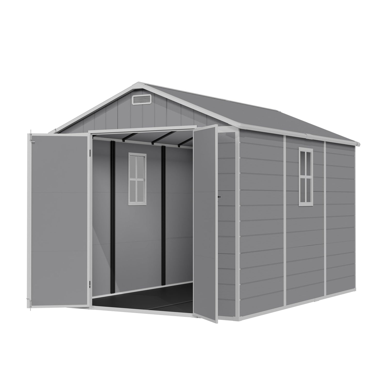 Amopatio 8X10 FT Outdoor Storage Shed,Resin Shed with Floor Included, Plastic Sheds for Bike, Garden Tools, Sheds & Outdoor Storage with Lockable Door, Window & Vents, Grey & White