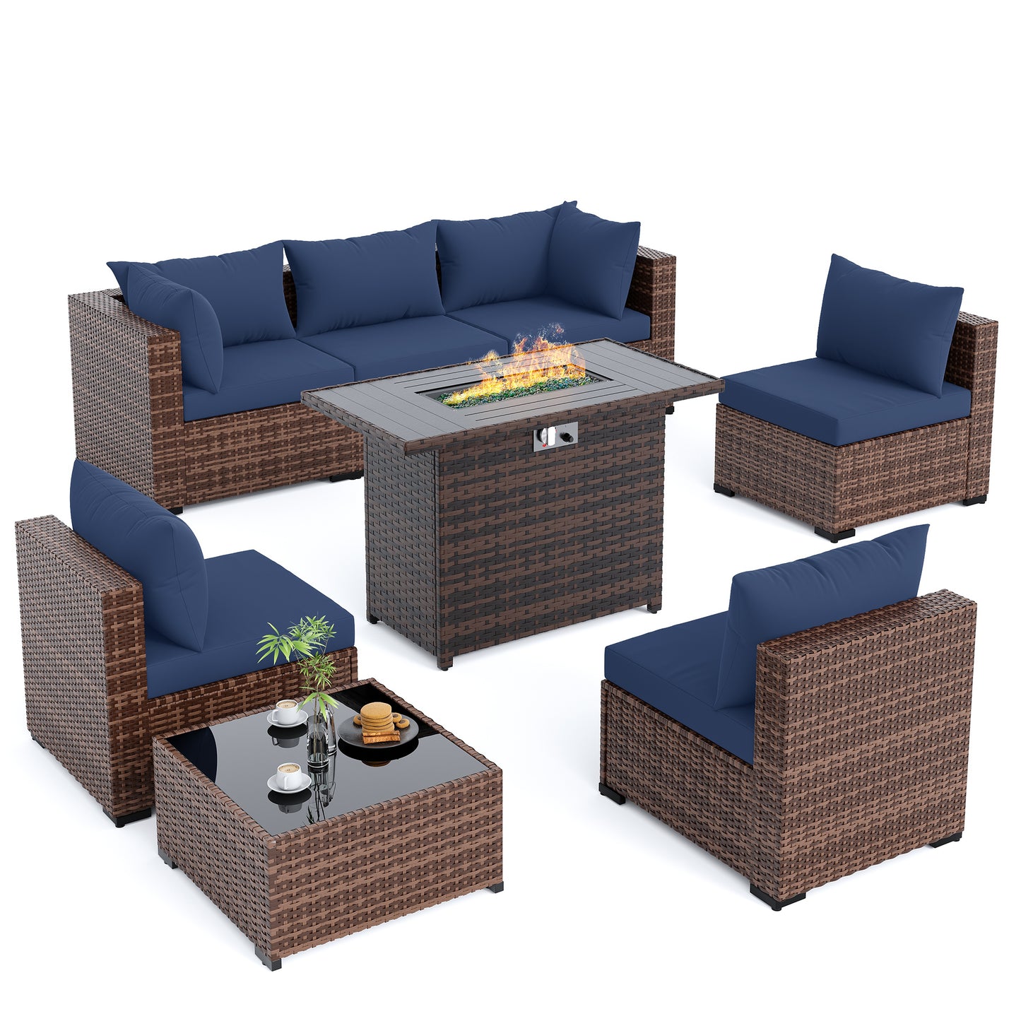 Amopatio 8 Pieces Patio Furniture Set with Fire Pit Table, All-Weather Outdoor Sectional, Wicker Conversation Sofa for Garden, Backyard, Porch, Balcony(Navy Blue)
