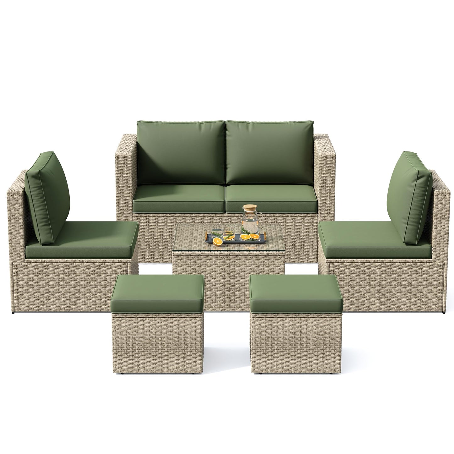 6 Pieces Patio Furniture Set, All-Weather Wicker Outdoor Conversation Sofa Set with Glass Coffee Table, Cushions & Ottomans for Deck Backyard Porch Lawn Green