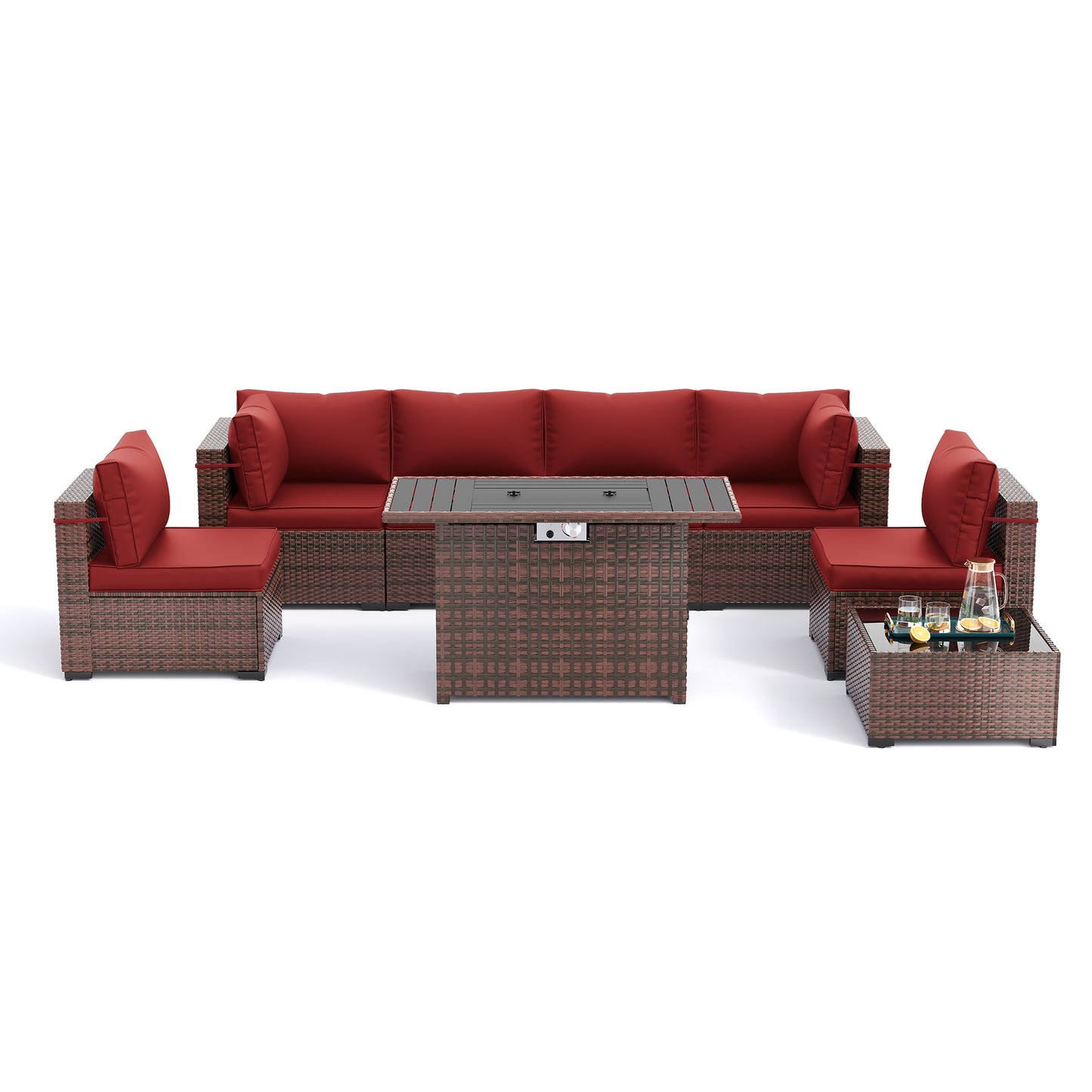 Amopatio 8 Pieces Patio Furniture Set with Fire Pit Table, Outdoor Sectional Conversation Sofa with Waterproof Cover, All-Weather Wicker for Garden, Backyard, Porch, Balcony(Wine Red)