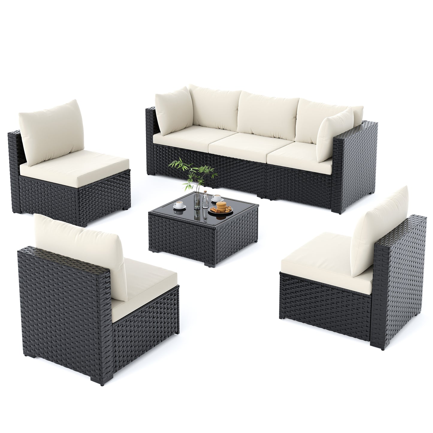 Amopatio 7 Piece Patio Furniture Set, Outdoor Sectional Modular Wicker Outdoor Furniture, Coffee Table Included, for Porch, Garden, Backyard,Beige