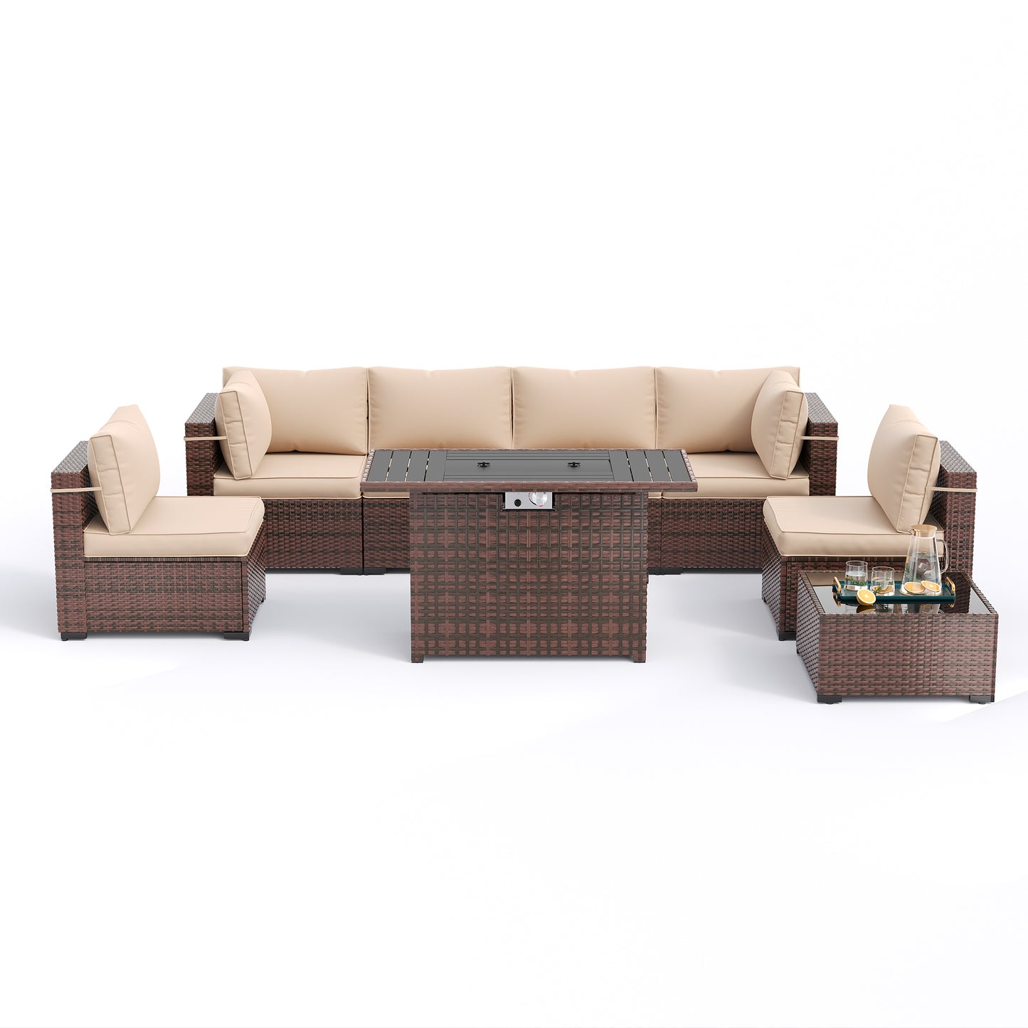 Amopatio 8 Pieces Patio Furniture Set with Fire Pit Table, Outdoor Sectional Conversation Sofa with Waterproof Cover, All-Weather Wicker for Garden, Backyard, Porch, Balcony(Khaki)