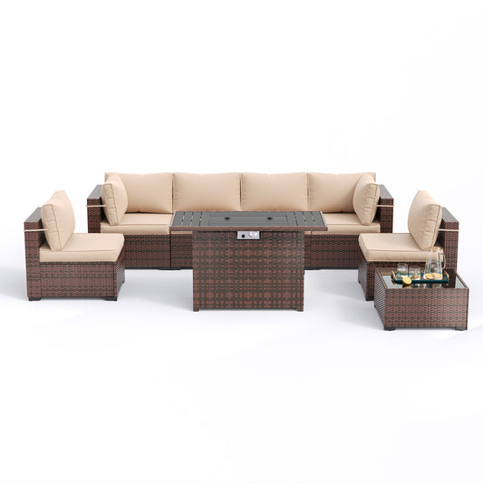 Amopatio 8 Pieces Patio Furniture Set with Fire Pit Table, Outdoor Sectional Conversation Sofa with Waterproof Cover, All-Weather Wicker for Garden, Backyard, Porch, Balcony(Khaki)
