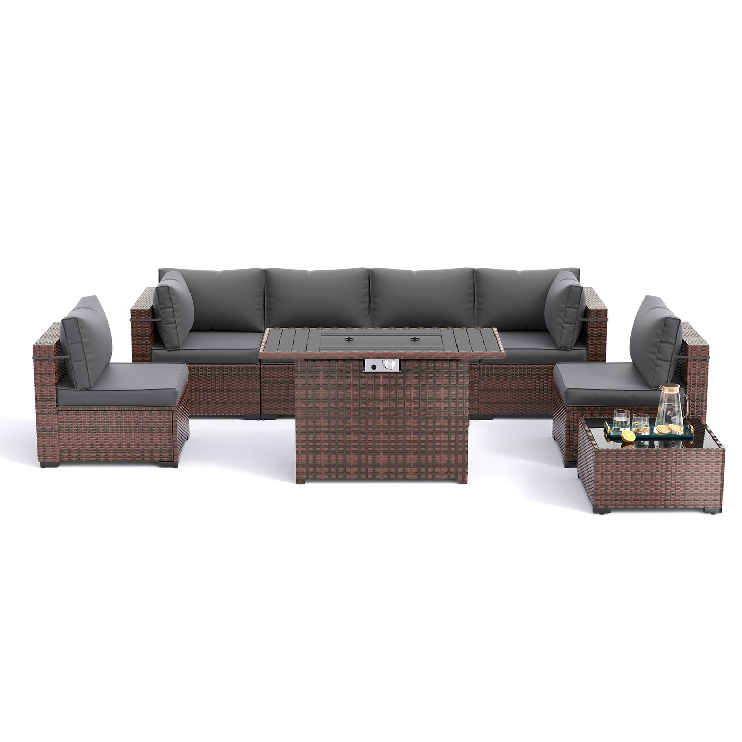 Amopatio 8 Pieces Patio Furniture Set with Fire Pit Table, Outdoor Sectional Conversation Sofa with Waterproof Cover, All-Weather Wicker for Garden, Backyard, Porch, Balcony(Dark Grey)