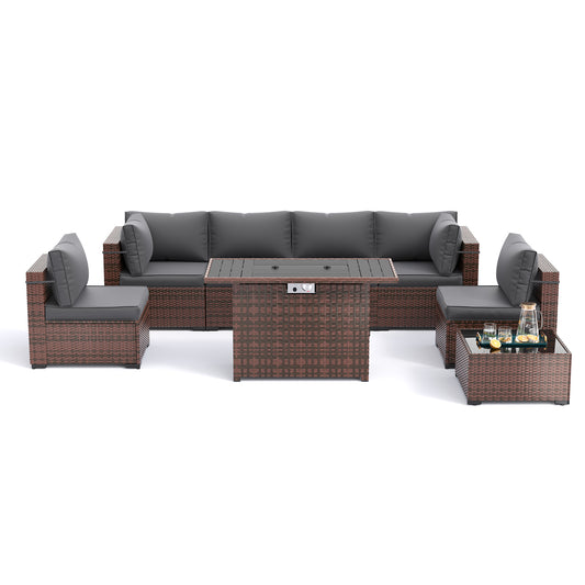 Amopatio 8 Pieces Patio Furniture Set with Fire Pit Table, Outdoor Sectional Conversation Sofa with Waterproof Cover, All-Weather Wicker for Garden, Backyard, Porch, Balcony(Dark Grey)