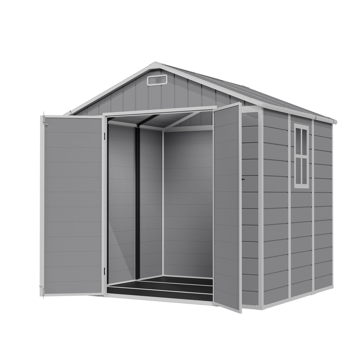 Amopatio 8x6 FT Resin Shed with Floor Included, Outdoor Storage Shed, Plastic Sheds for Bike, Garden Tools, Sheds & Outdoor Storage with Lockable Door, Window & Vents, Grey & White