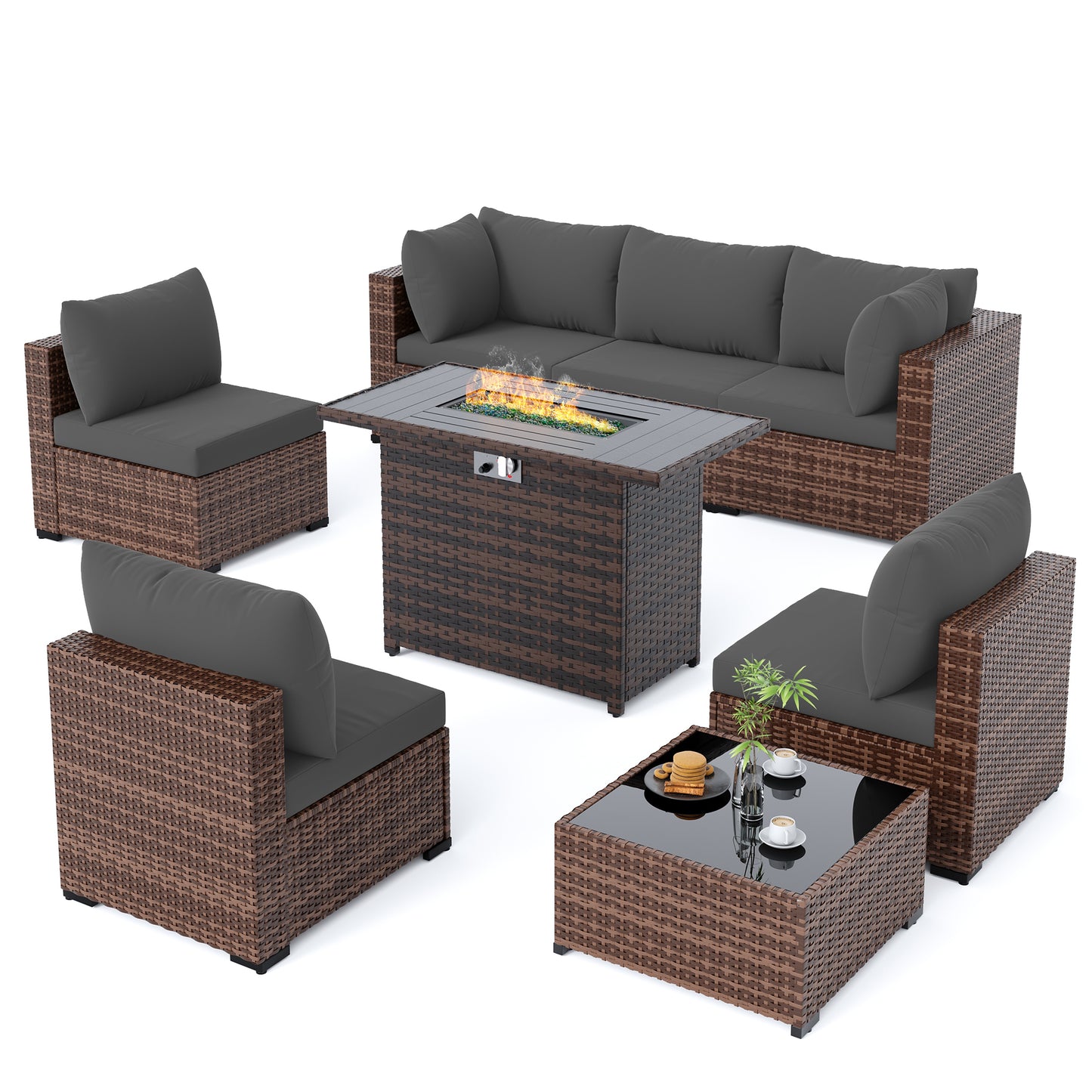 Amopatio 8 Pieces Patio Furniture Set with Fire Pit Table, Dark Grey