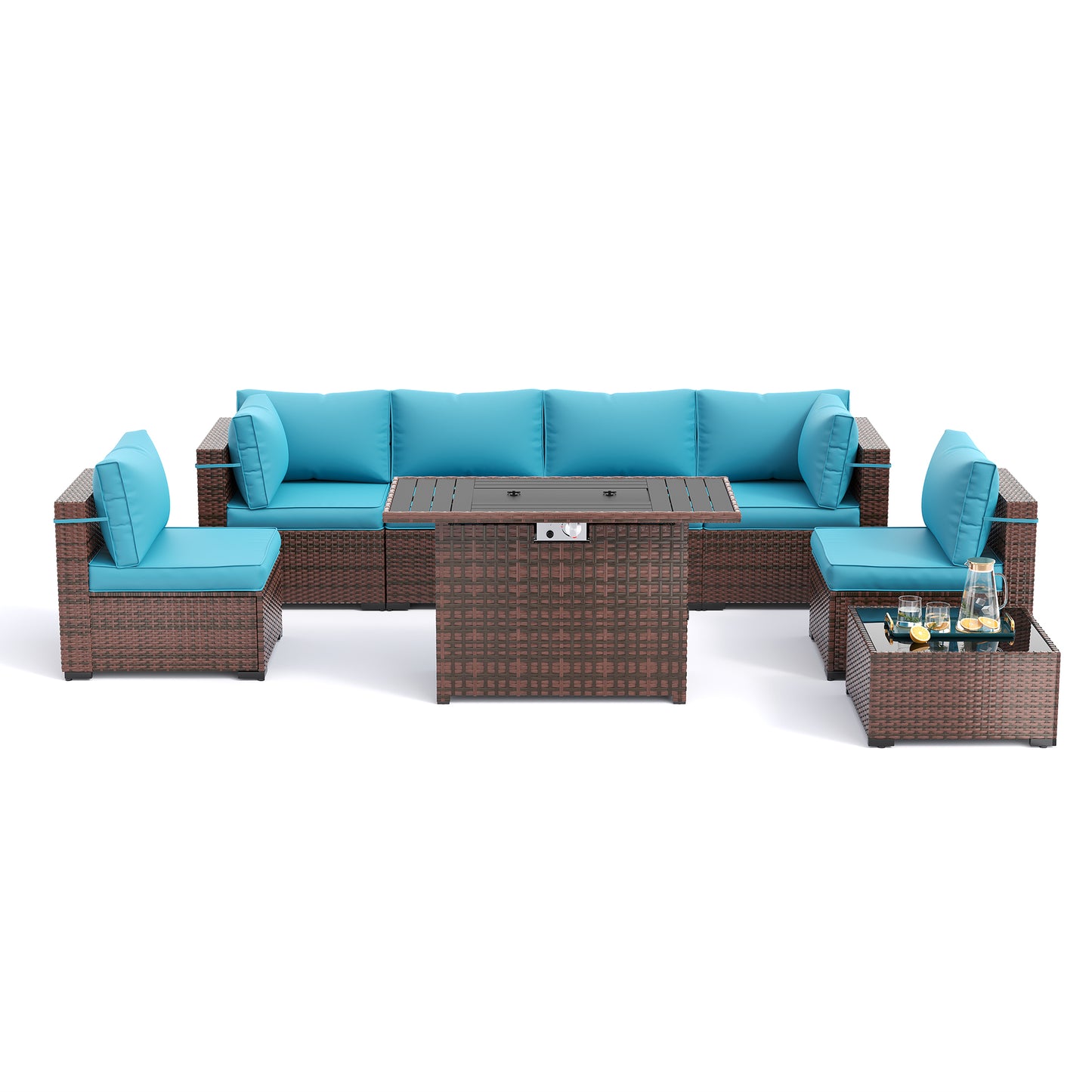 Amopatio 8 Pieces Patio Furniture Set with Fire Pit Table, Outdoor Sectional Conversation Sofa with Waterproof Cover, All-Weather Wicker for Garden, Backyard, Porch, Balcony(Sky Blue)
