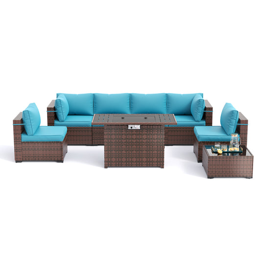 Amopatio 8 Pieces Patio Furniture Set with Fire Pit Table, Outdoor Sectional Conversation Sofa with Waterproof Cover, All-Weather Wicker for Garden, Backyard, Porch, Balcony(Sky Blue)