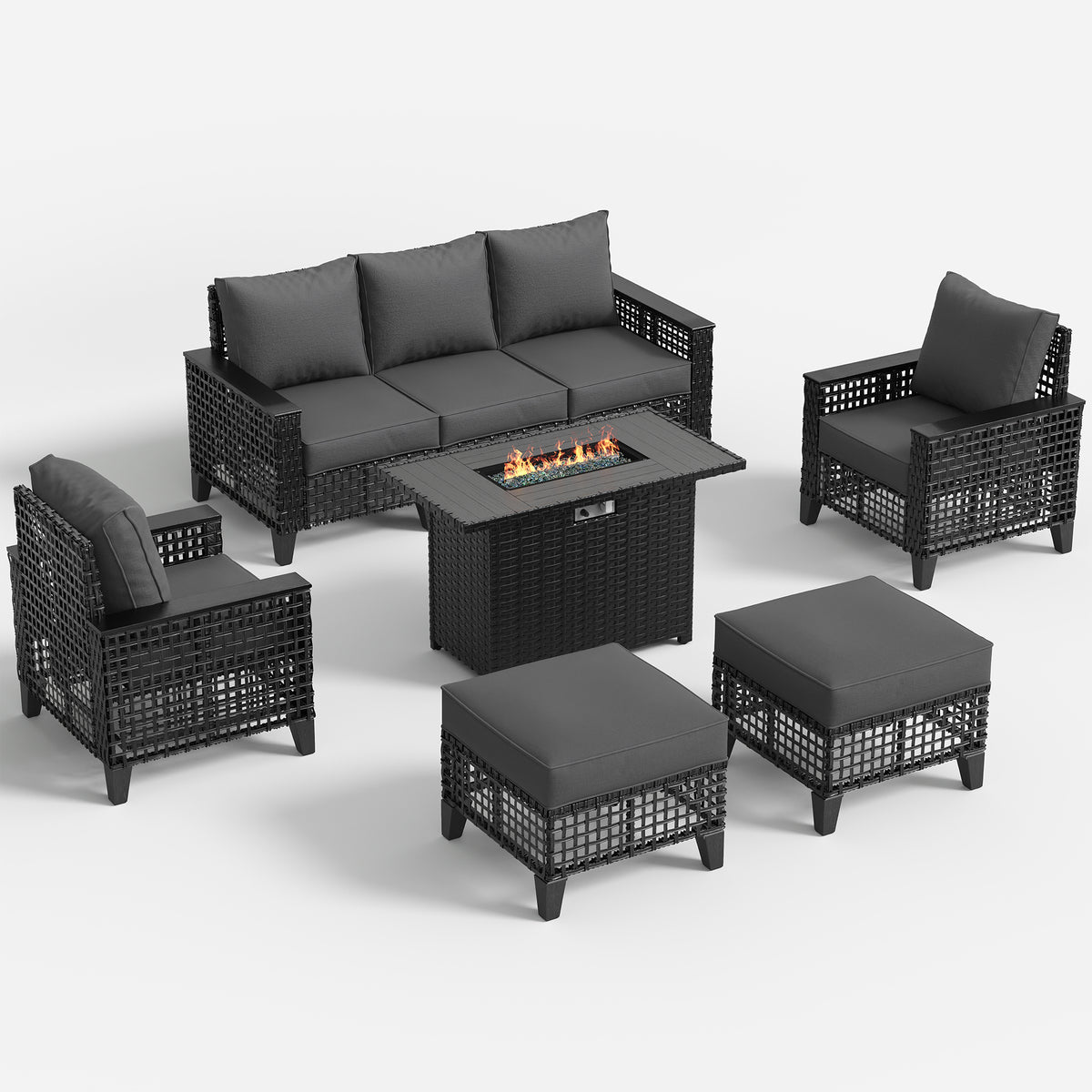 Amopatio Patio Furniture Set with Fire Pit Table, Wicker Conversation Set, Grey