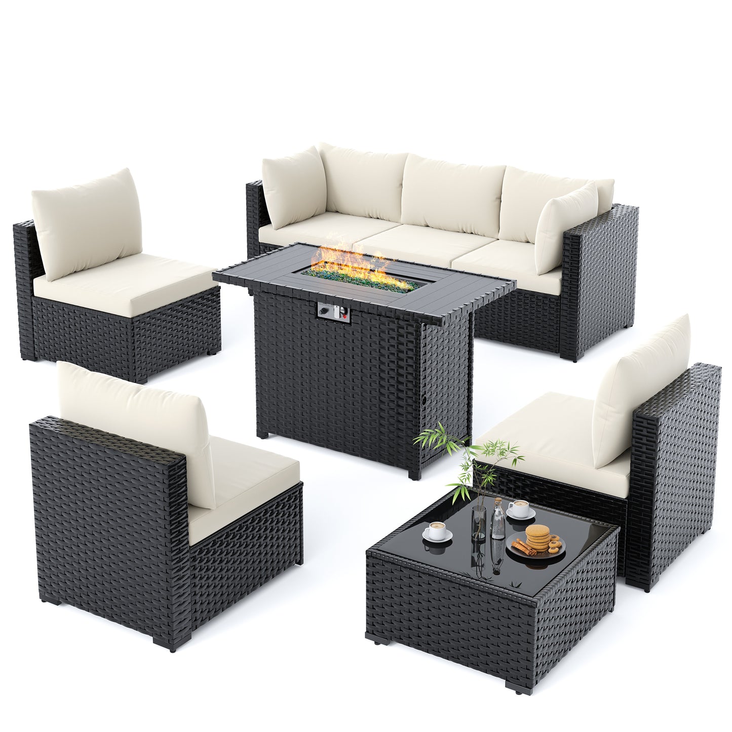 Amopatio 8 Pieces Patio Furniture Set with Fire Pit Table, Beige