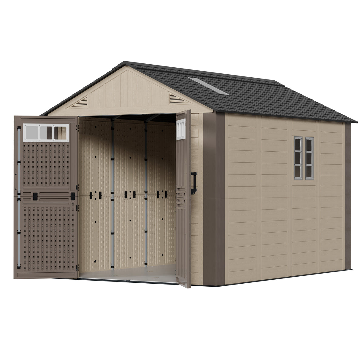 Amopatio 8x10 FT Outdoor Storage Shed with Floor, Large HDPE Resin Shed with Lockable Door, Window & Vents, for Bike, Garden Tools, Pool Supplies, khaki