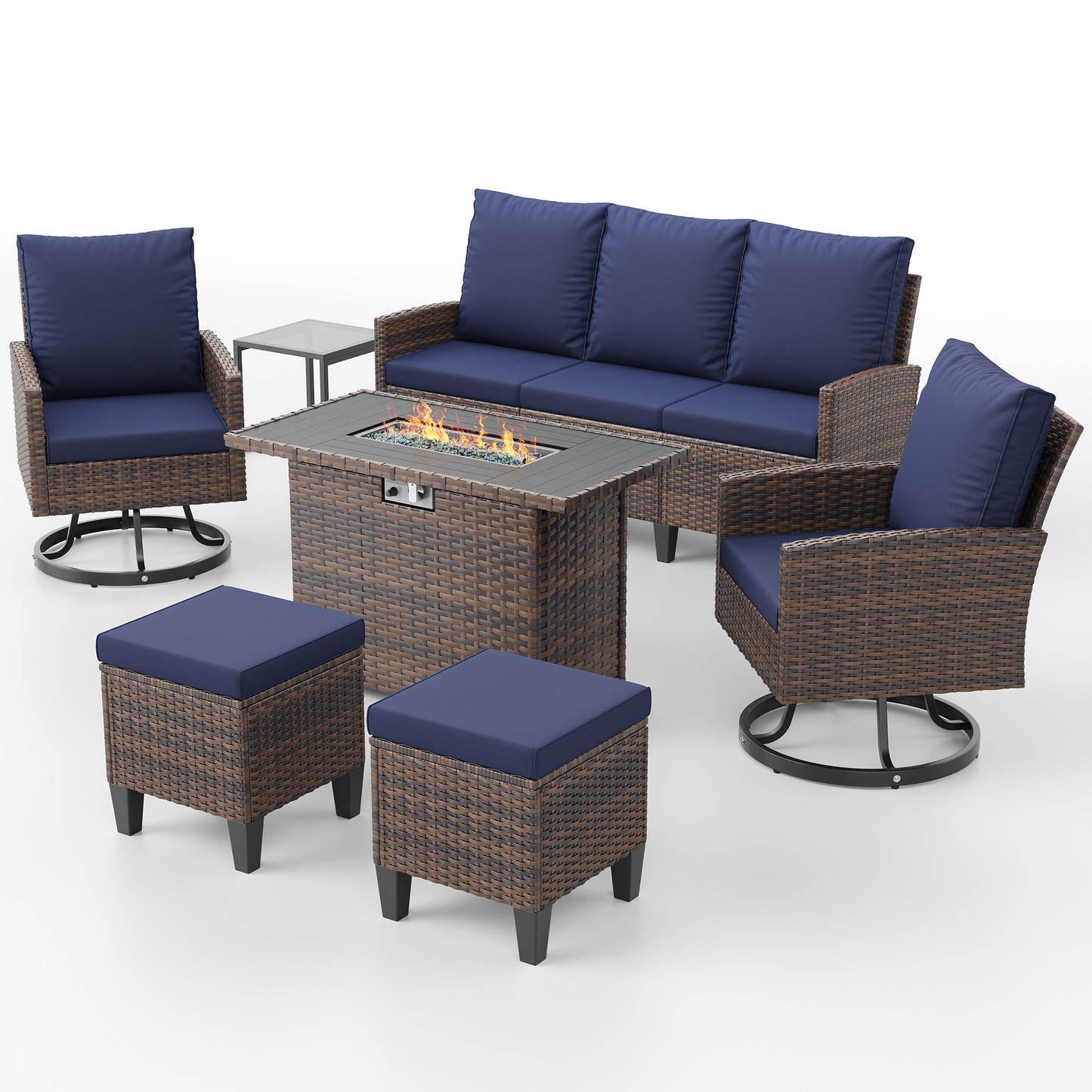 Patio Furniture Set with Fire Pit Table,7 Pieces Conversation Sofa with 360°Swivel Chairs, All Weather Wicker Outdoor Furniture Couch for Backyard Garden Pool Deck,Blue