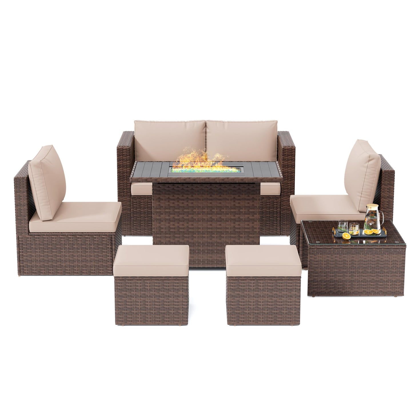 7 Pieces Patio Furniture Set with Fire Pit Table, All-Weather Wicker Outdoor Conversation Sofa Set with Glass Coffee Table, Cushions & Ottomans for Deck Backyard Porch Lawn Khaki