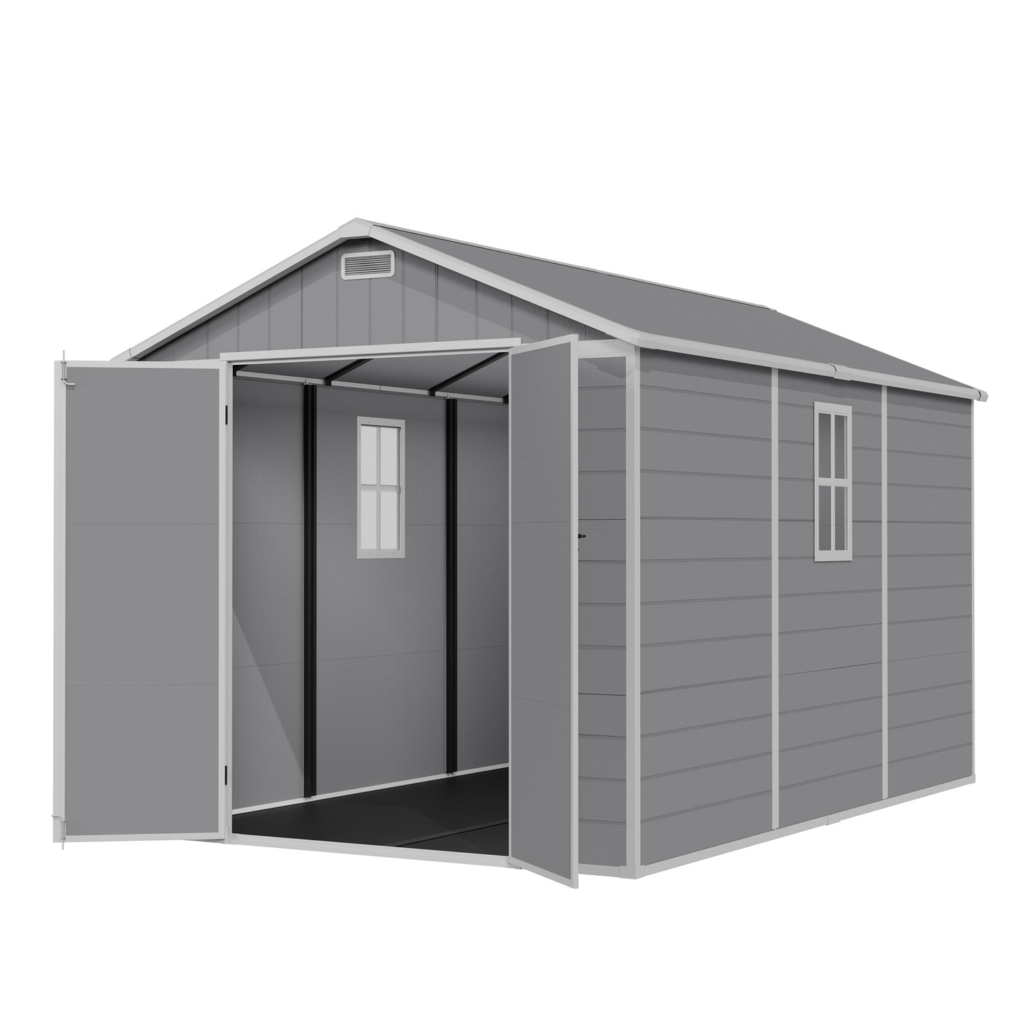 Amopatio 8X12 FT Resin Storage Shed with Floor Included, Plastic Outdoor Shed with Lockable Door, Window & Vents, for Lawnmower, Garden Tools, Pool Supplies, Grey White