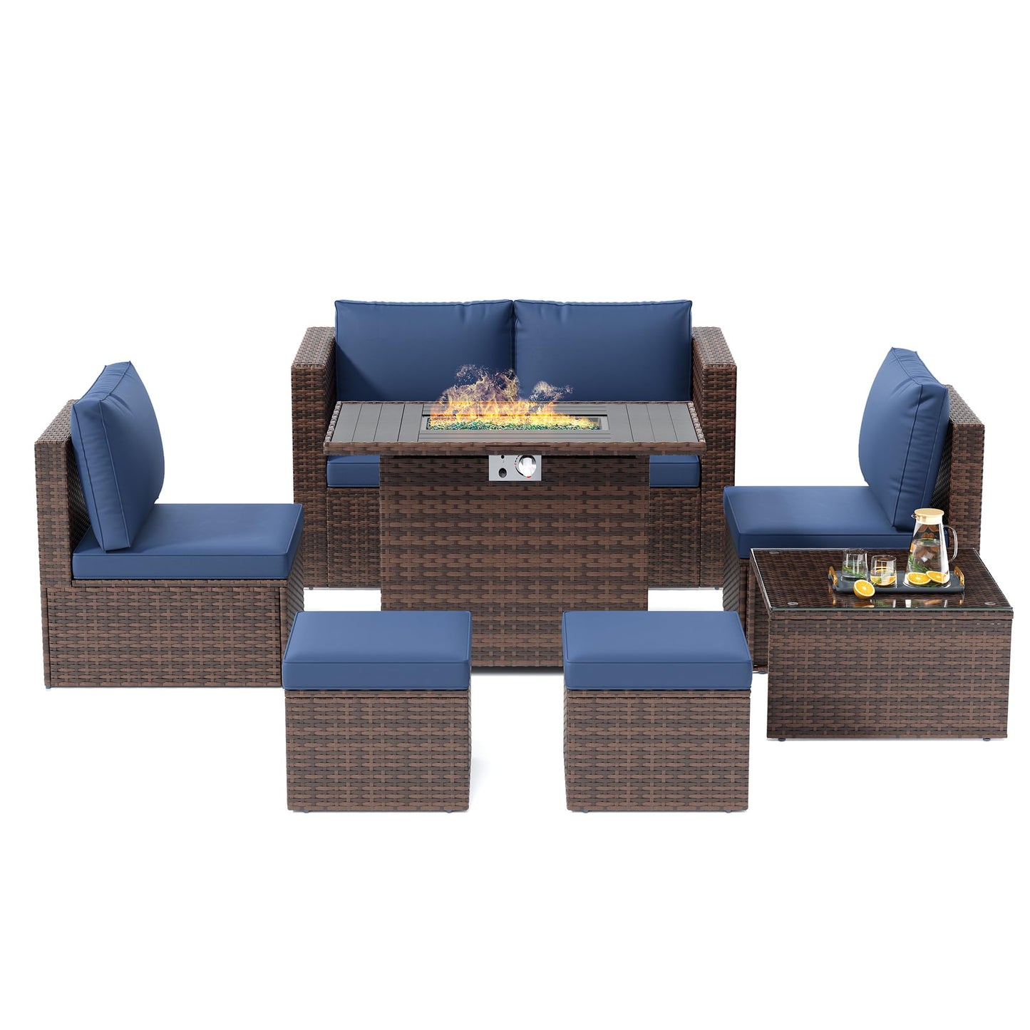 7 Pieces Patio Furniture Set with Fire Pit Table, All-Weather Wicker Outdoor Conversation Sofa Set with Glass Coffee Table, Cushions & Ottomans for Deck Backyard Porch Lawn Blue