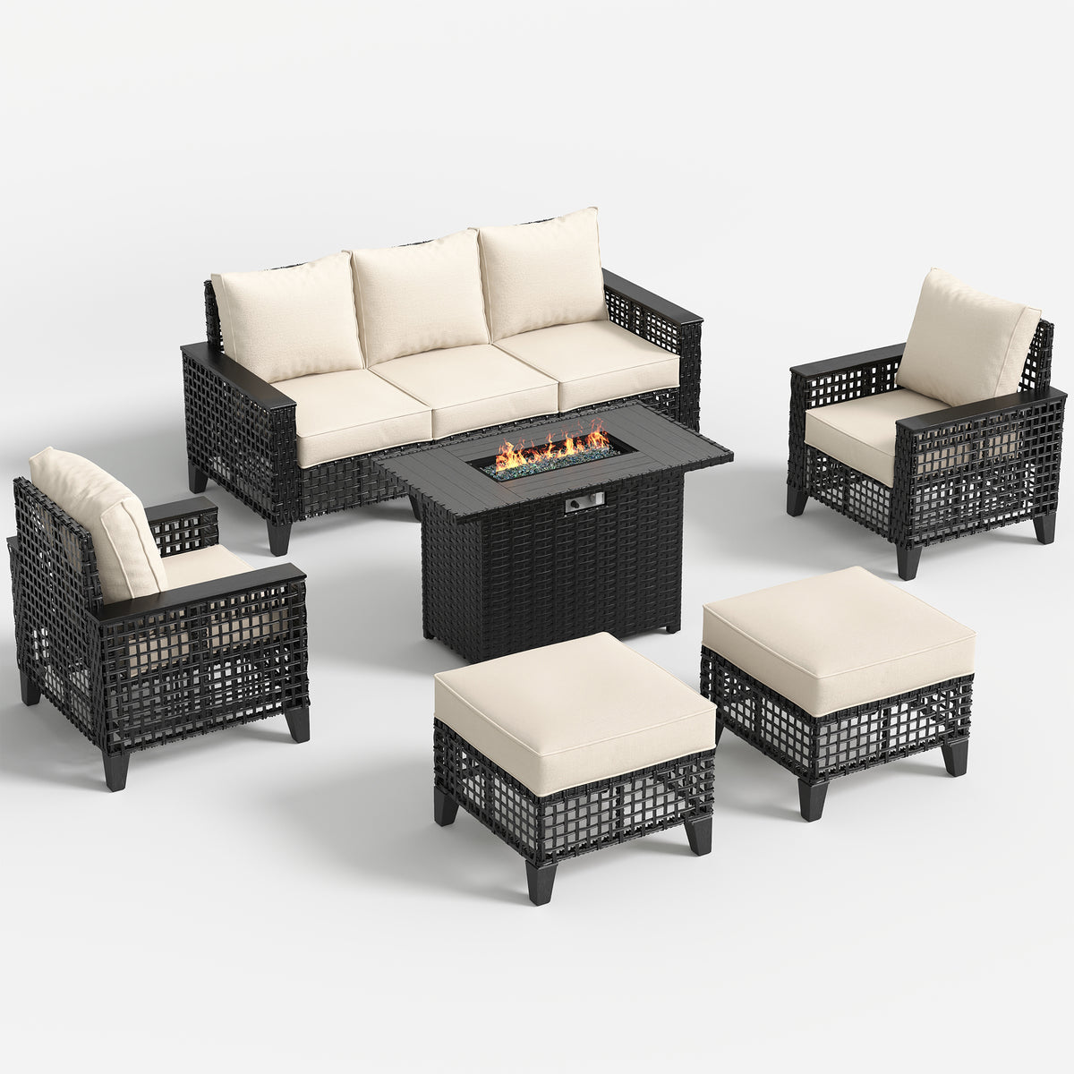 Amopatio Patio Furniture Set with Fire Pit Table, Wicker Conversation Set, Beige
