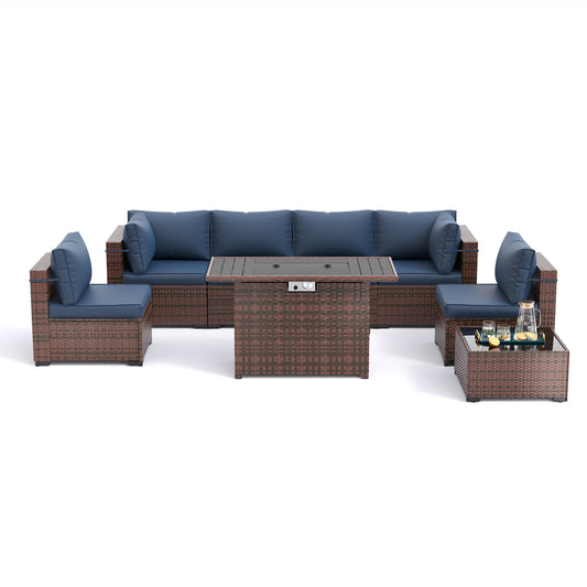 Amopatio 8 Pieces Patio Furniture Set with Fire Pit Table, Outdoor Sectional Conversation Sofa with Waterproof Cover, All-Weather Wicker for Garden, Backyard, Porch, Balcony(Navy Blue)