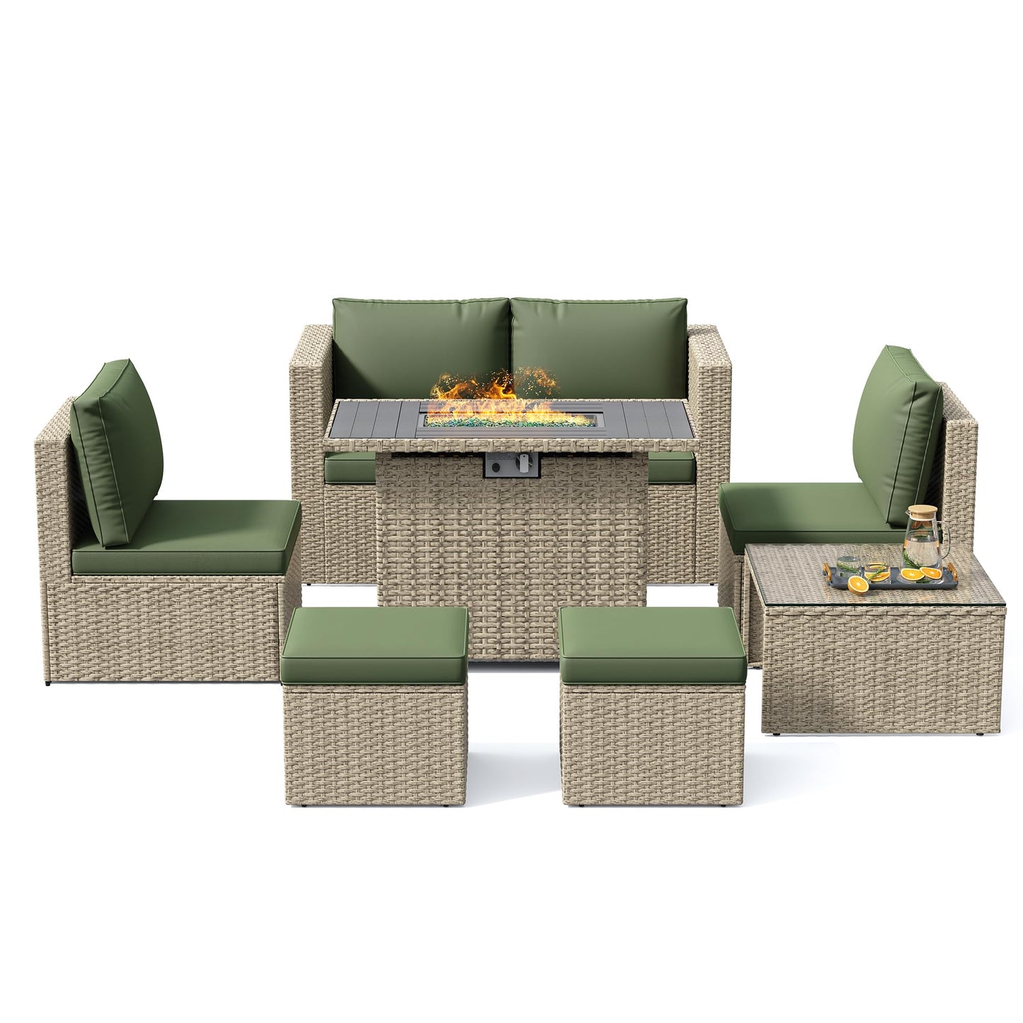 Amopatio 7 Pieces Patio Furniture Set with Fire Pit Table, All-Weather Wicker Outdoor Conversation Sofa Set with Glass Coffee Table, Cushions & Ottomans for Deck Backyard Porch Lawn Green