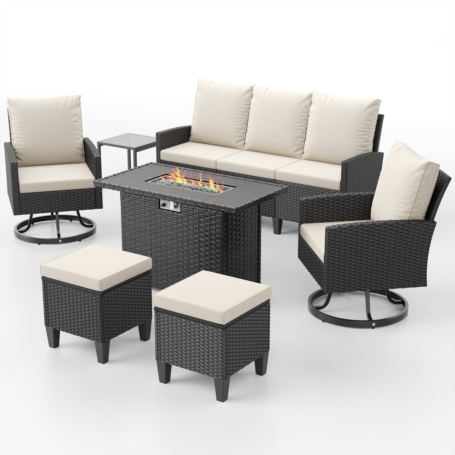 Amopatio Patio Furniture Set with Fire Pit Table,7 Pieces Conversation Sofa with 360° Swivel Chairs, All Weather Wicker Outdoor Furniture Couch for Backyard Garden Pool Deck,Beige