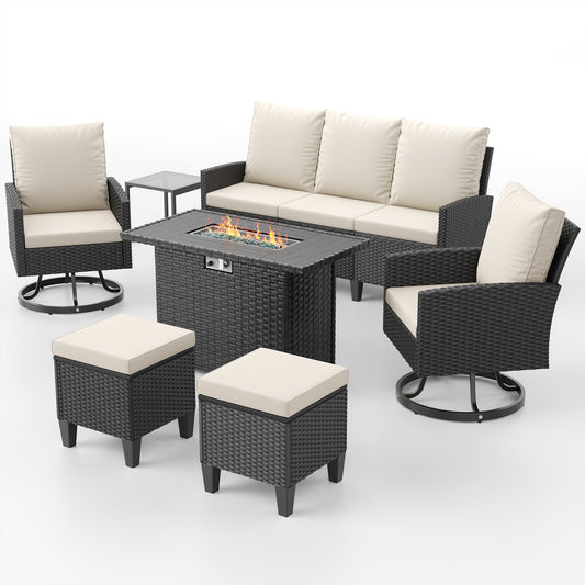 Amopatio Patio Furniture Set with Fire Pit Table,7 Pieces Conversation Sofa with 360° Swivel Chairs, All Weather Wicker Outdoor Furniture Couch for Backyard Garden Pool Deck,Beige