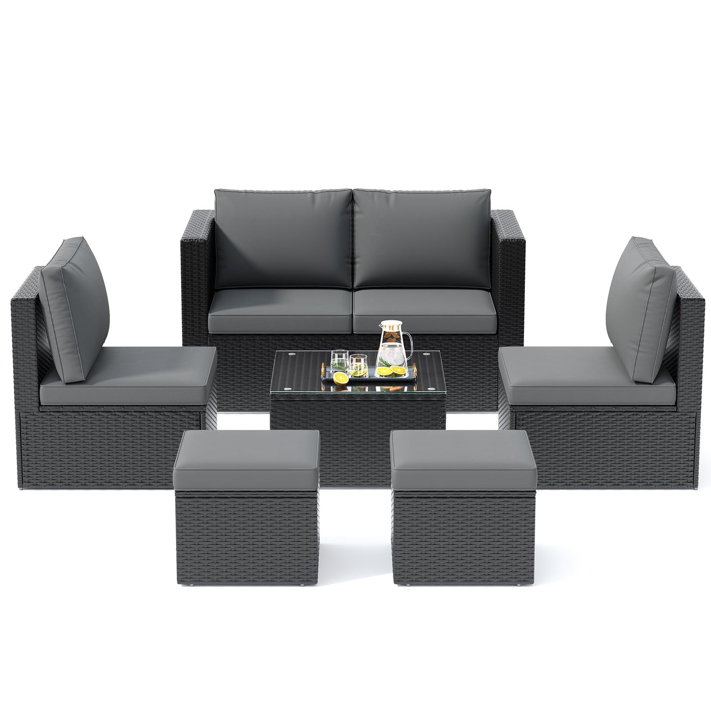6 Pieces Patio Furniture Set,All-Weather Wicker Outdoor Conversation Sofa Set with Glass Coffee Table, Cushions & Ottomans for Deck Backyard Porch Lawn Black/Dark Grey