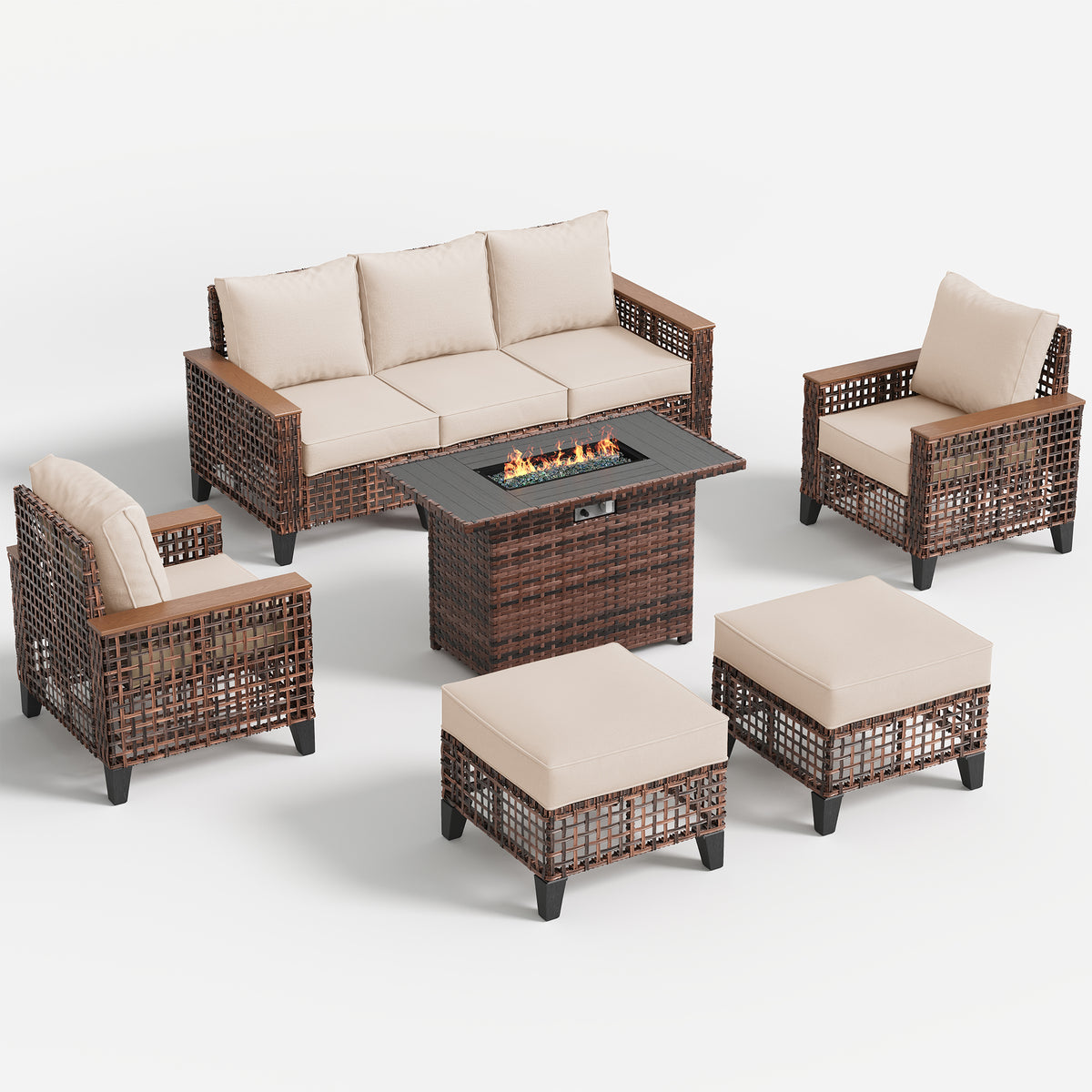 Amopatio Patio Furniture Set with Fire Pit Table, Wicker Conversation Set, Khaki