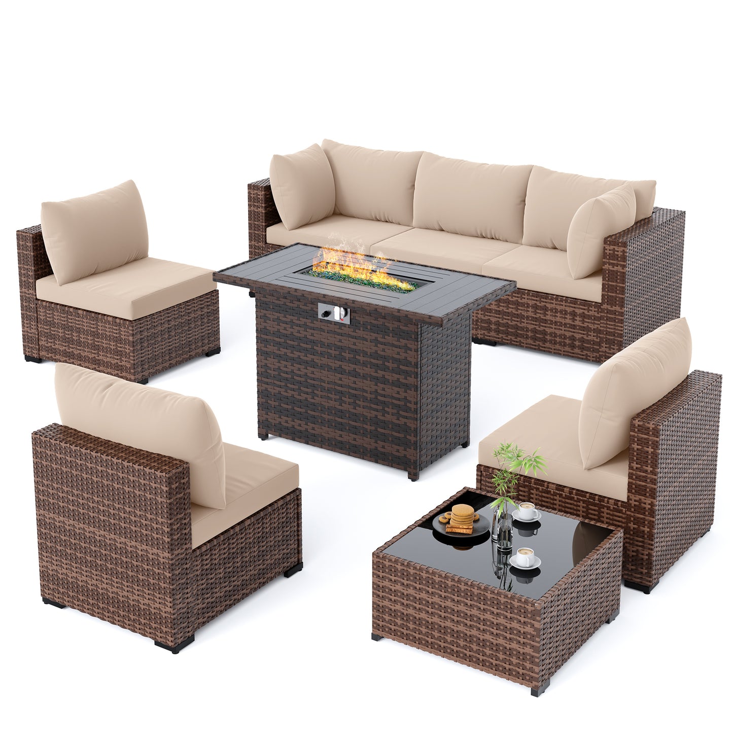 Amopatio 8 Pieces Patio Furniture Set with Fire Pit Table, All-Weather Outdoor Sectional, Wicker Conversation Set for Garden, Backyard, Porch, Balcony, Khaki