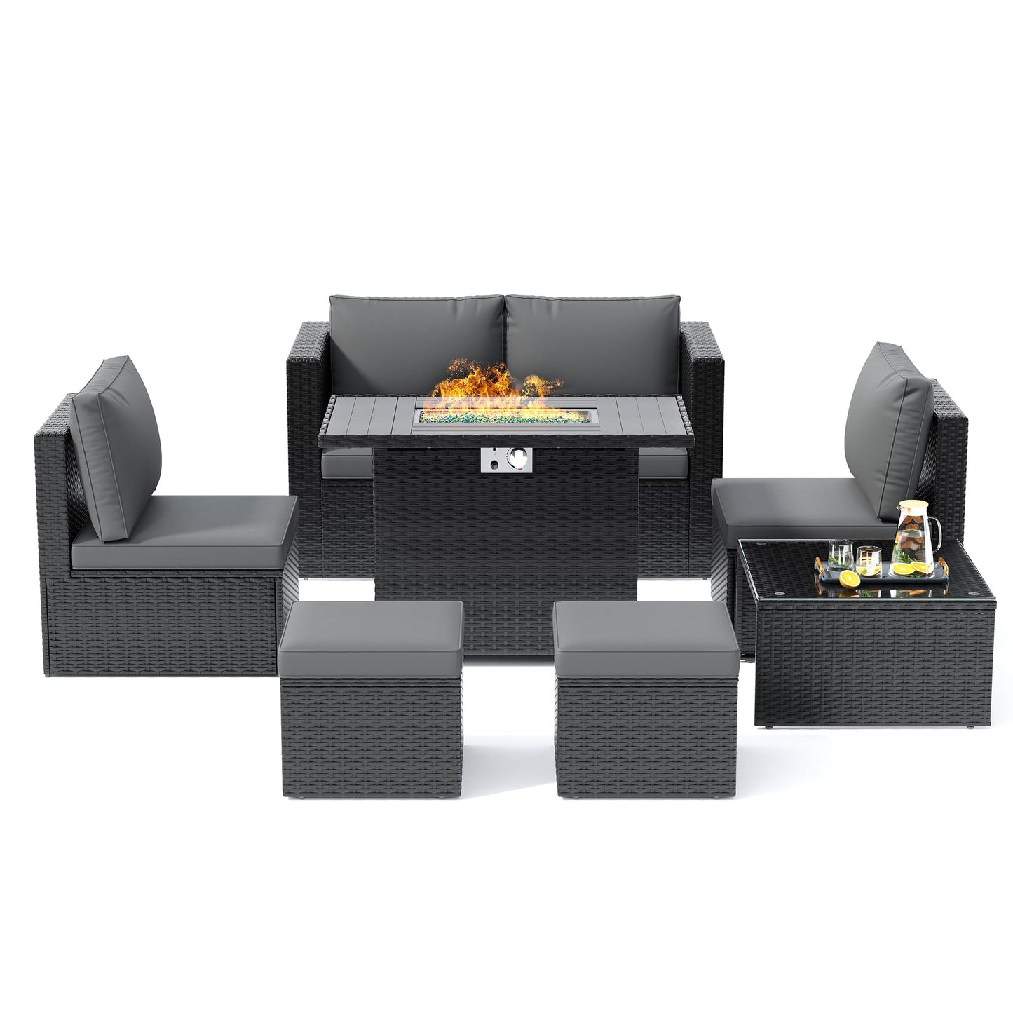 Amopatio 7 Pieces Patio Furniture Set with Fire Pit Table, All-Weather Wicker Outdoor Conversation Sofa Set with Glass Coffee Table, Cushions & Ottomans for Deck Backyard Porch Lawn Black/Dark Grey