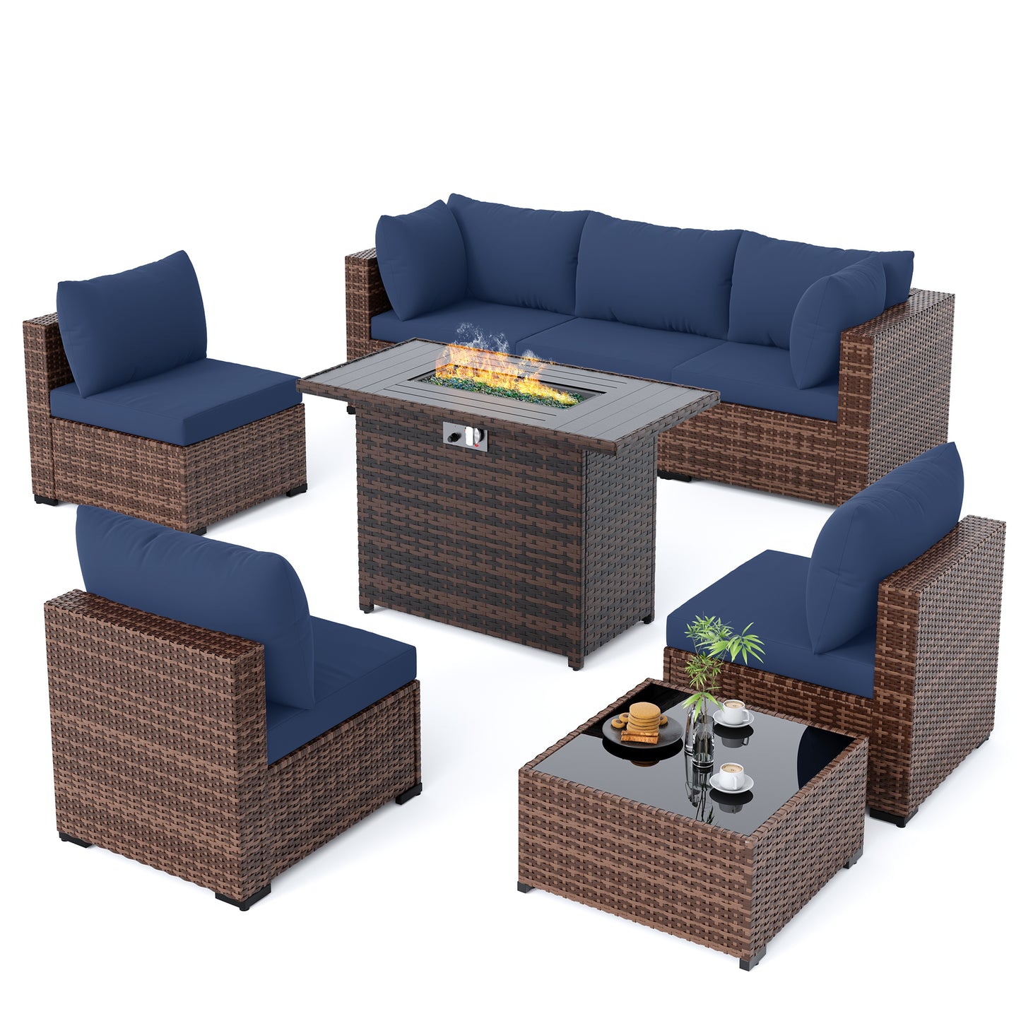 Amopatio 8 Pieces Patio Furniture Set with Fire Pit Table, All-Weather Outdoor Sectional, Wicker Conversation Set for Garden, Backyard, Porch, Balcony, Navy Blue