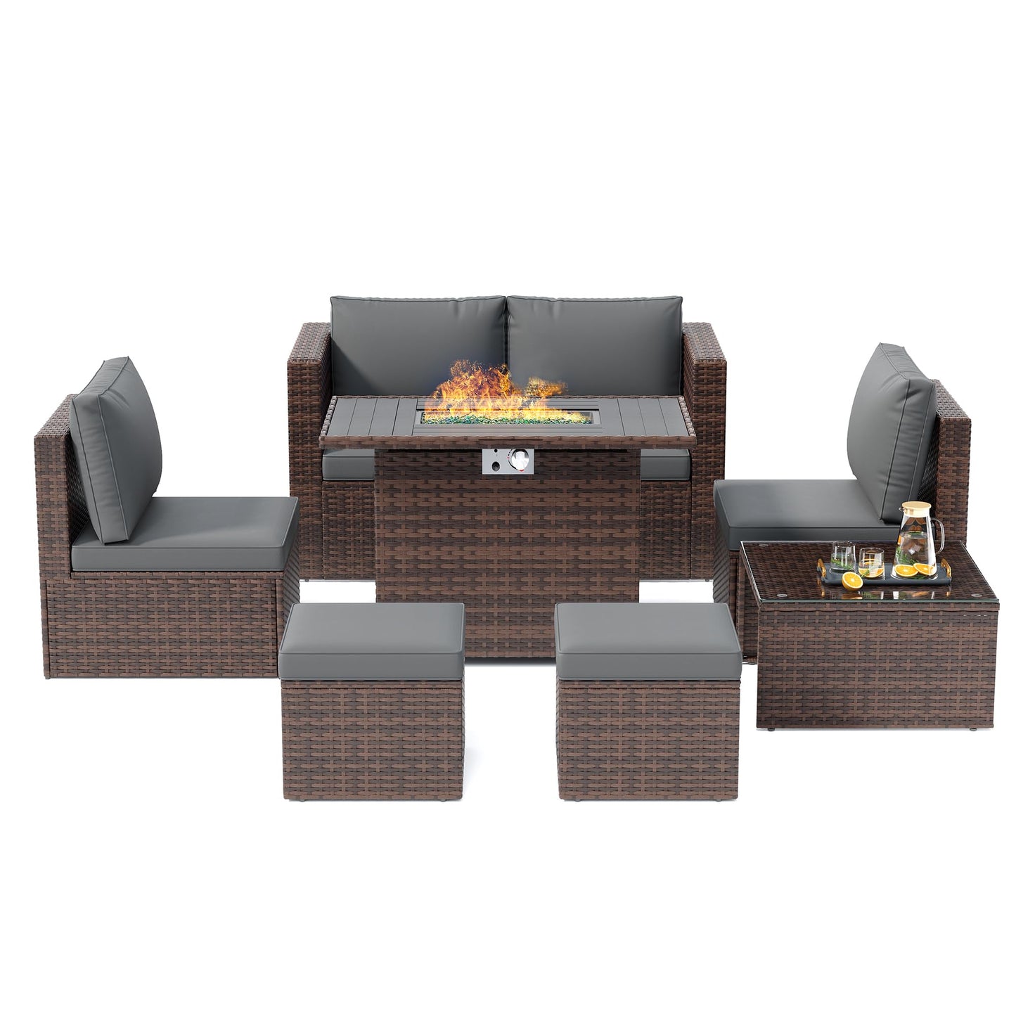 7 Pieces Patio Furniture Set with Fire Pit Table, All-Weather Wicker Outdoor Conversation Sofa Set with Glass Coffee Table, Cushions & Ottomans for Deck Backyard Porch Lawn Brown/Dark Grey