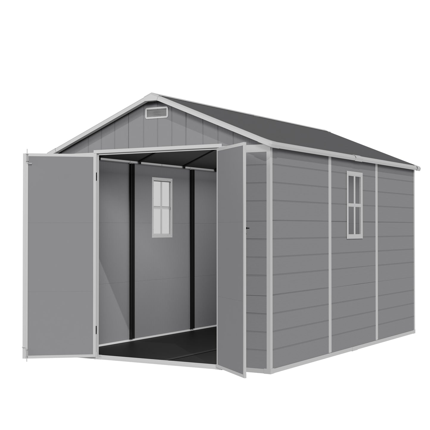Amopatio 8X12 FT Resin Storage Shed with Floor Included, Plastic Outdoor Shed with Lockable Door, Window & Vents, for Lawnmower, Garden Tools, Pool Supplies, Grey & White
